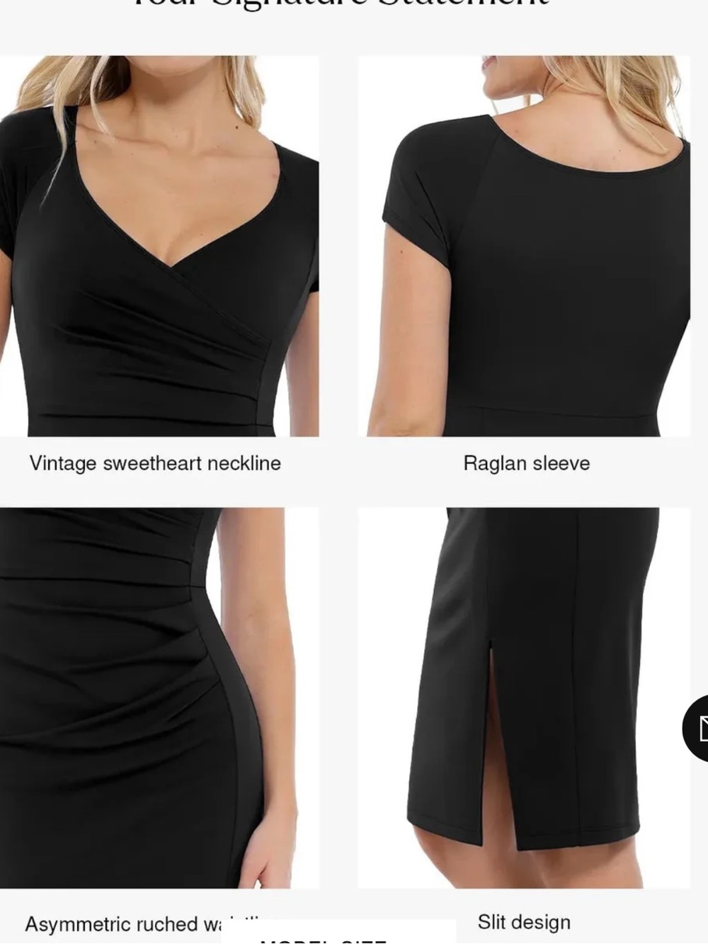 Black Ruched V-Neck Midi Dress with Side Slit - Picture 3 of 6
